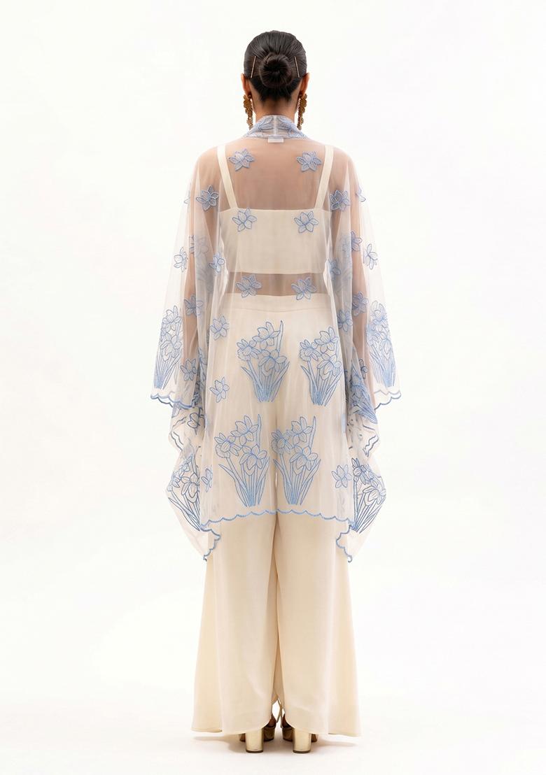 Blue Embroidered Organza Fusion Set - Indya