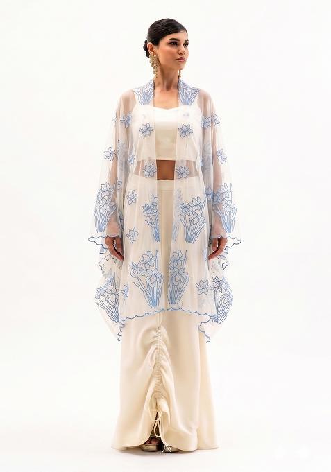Blue Embroidered Organza Fusion Set