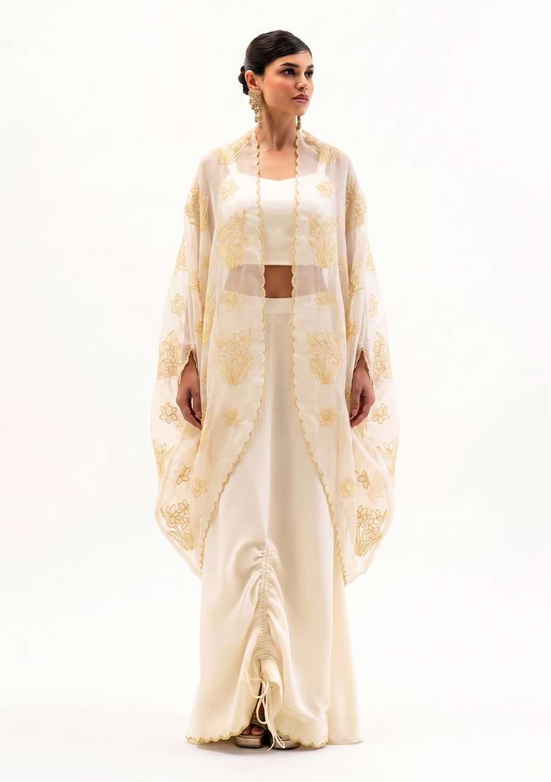 Yellow Embroidered Organza Fusion Set - Indya