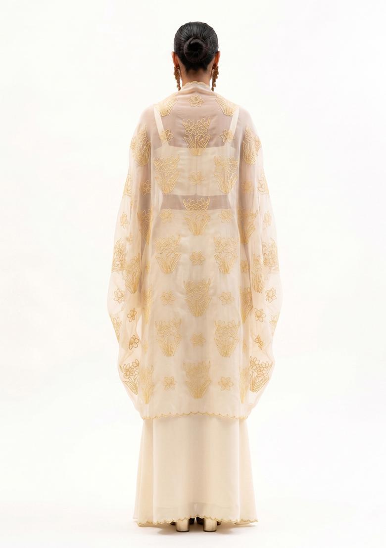 Yellow Embroidered Organza Fusion Set - Indya
