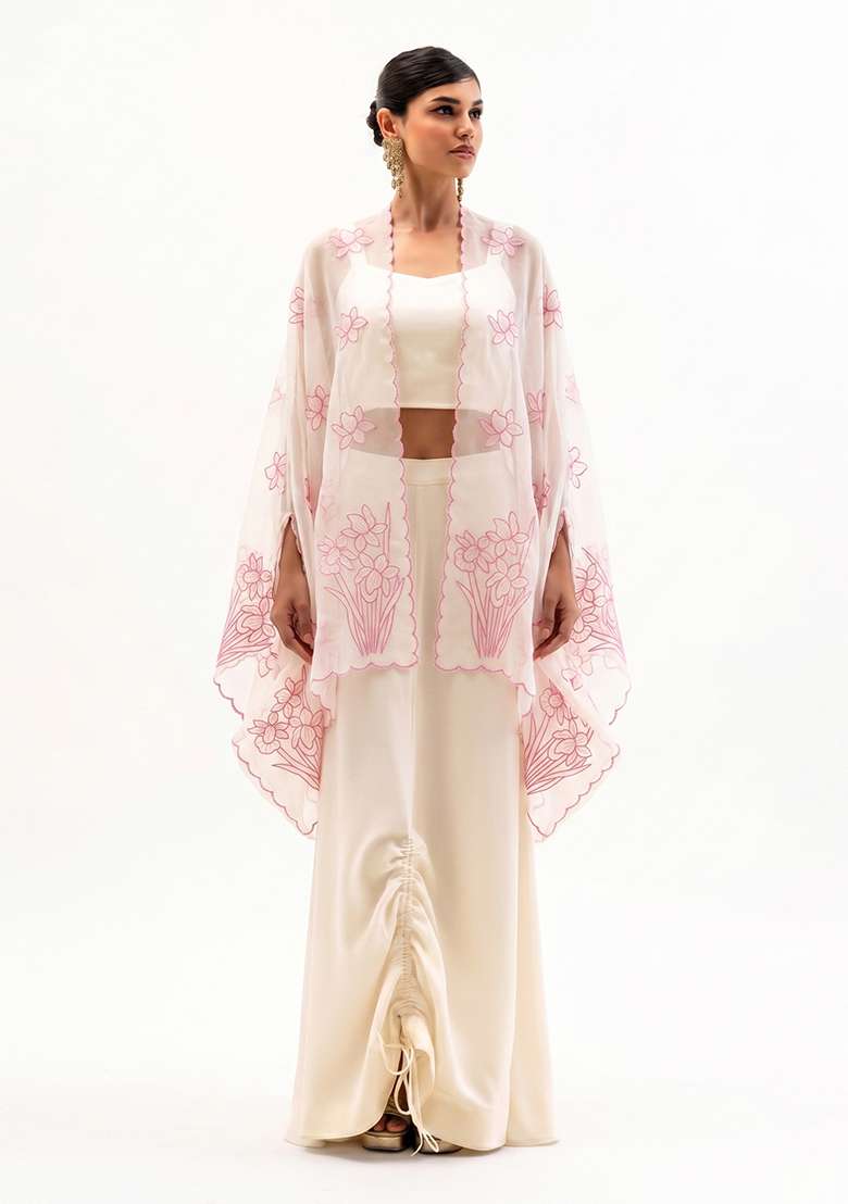 Pink Embroidered Organza Fusion Set - Indya