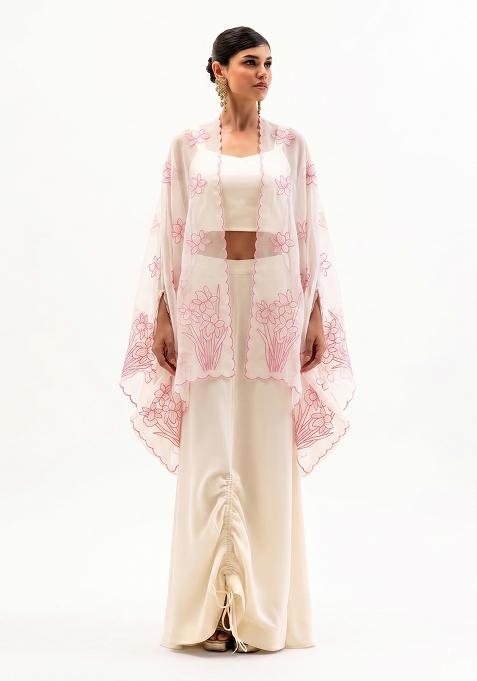 Pink Embroidered Organza Fusion Set