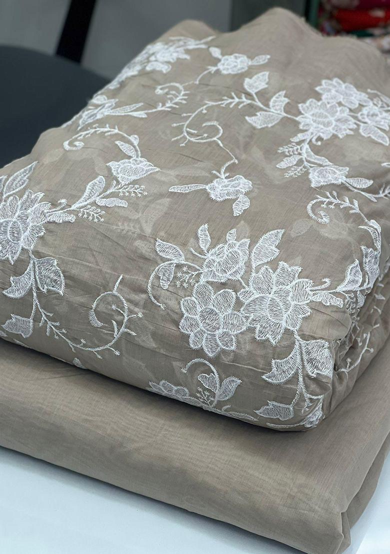 Grey Embroidered Chanderi Fusion Set - Indya