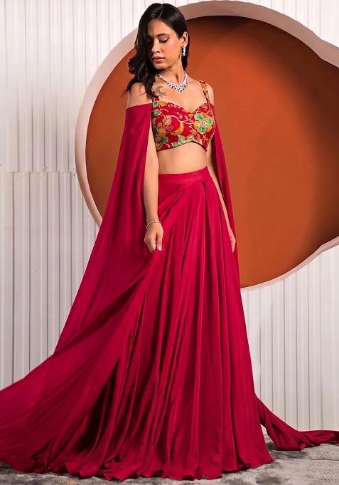Crimson Red Printed Organza Lehenga Set