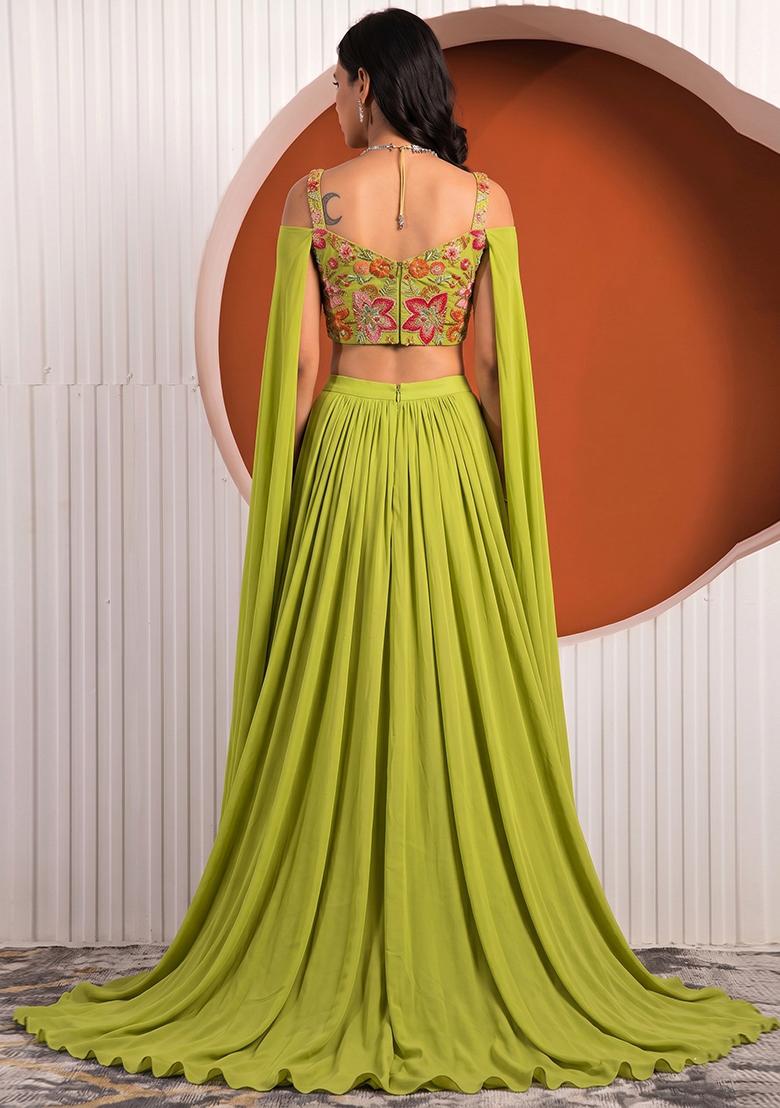 Lime Green Printed Organza Lehenga Set - Indya