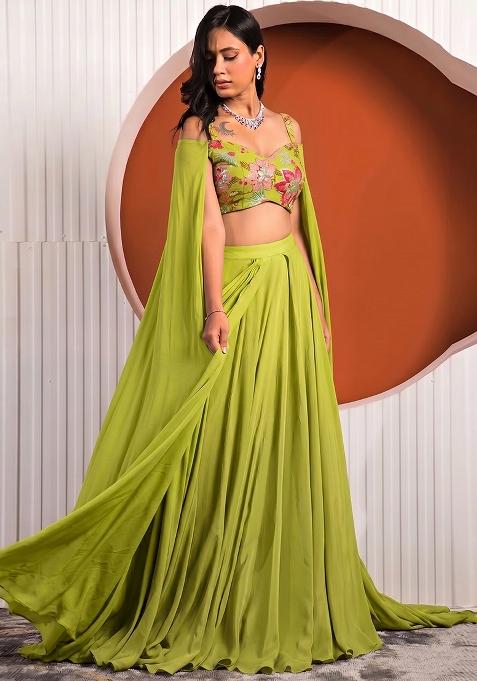Lime Green Printed Organza Lehenga Set