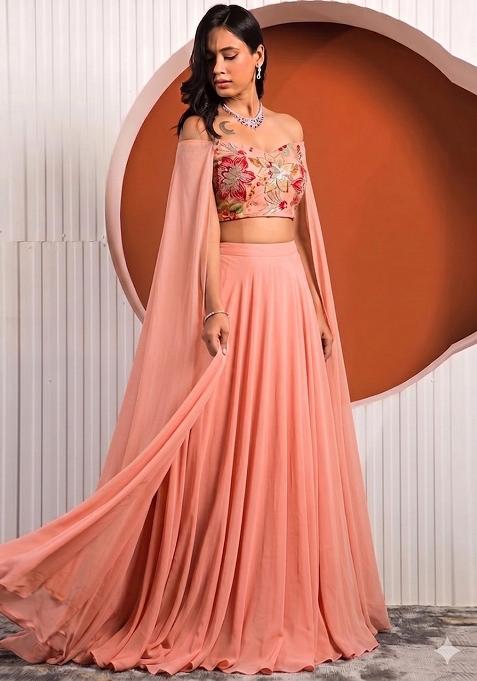 Peach Printed Organza Lehenga Set