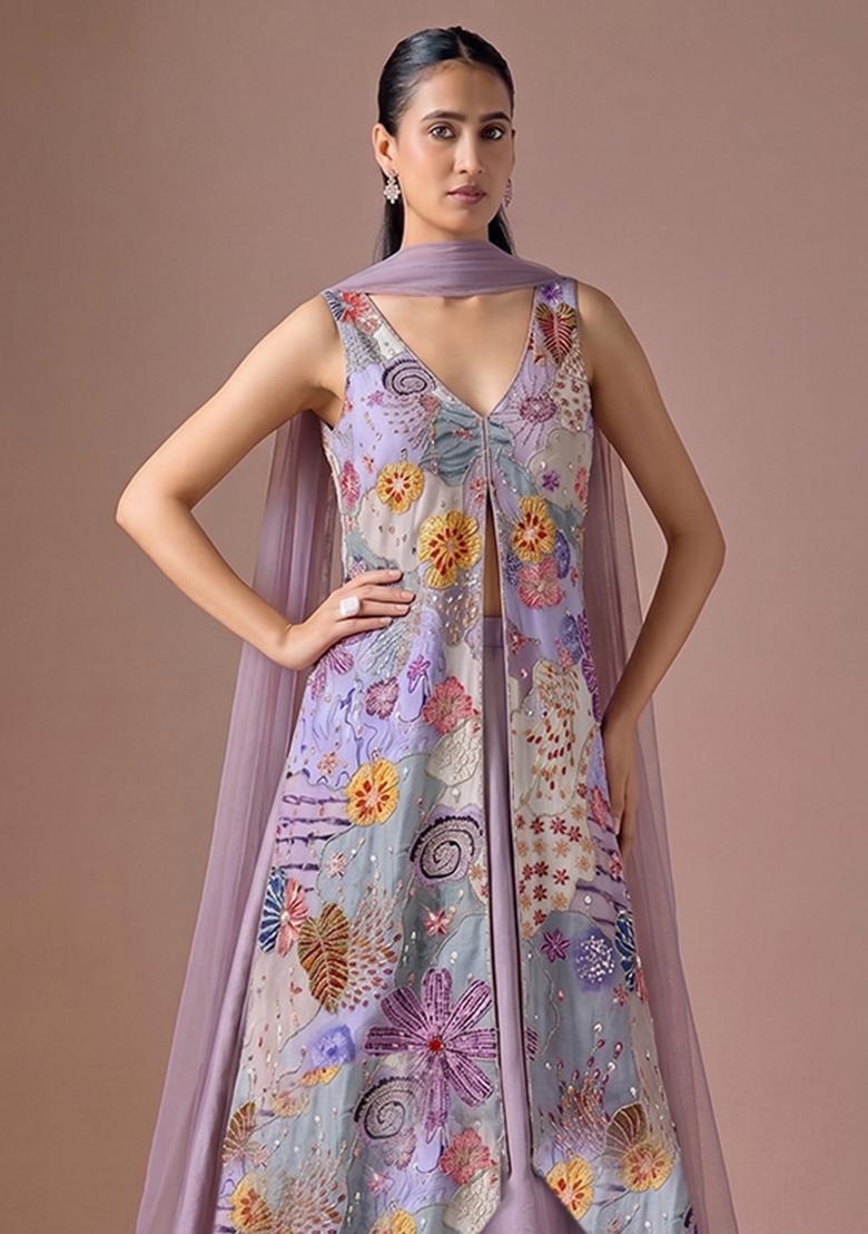 Lavender Printed Crepe Lehenga Set - Indya