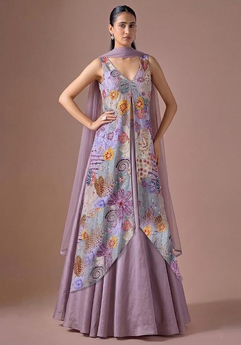 Lavender Printed Crepe Lehenga Set
