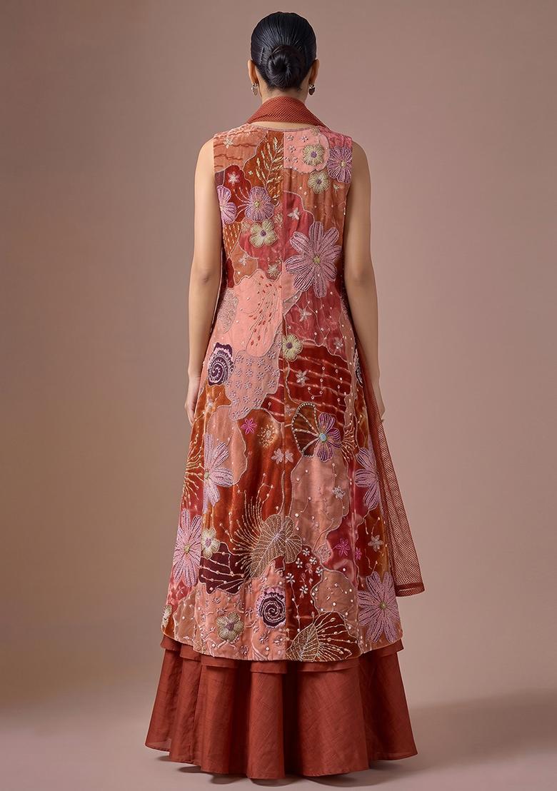 Red Printed Crepe Lehenga Set - Indya
