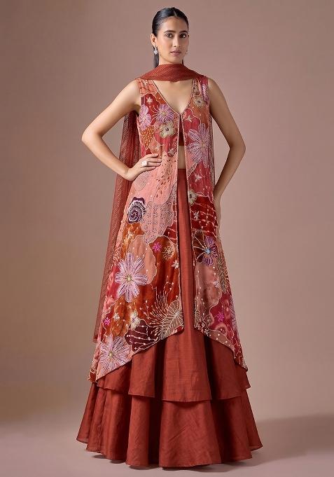 Red Printed Crepe Lehenga Set