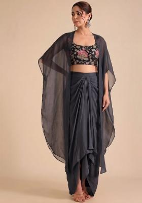 Charcoal Grey Printed Organza Fusion Set