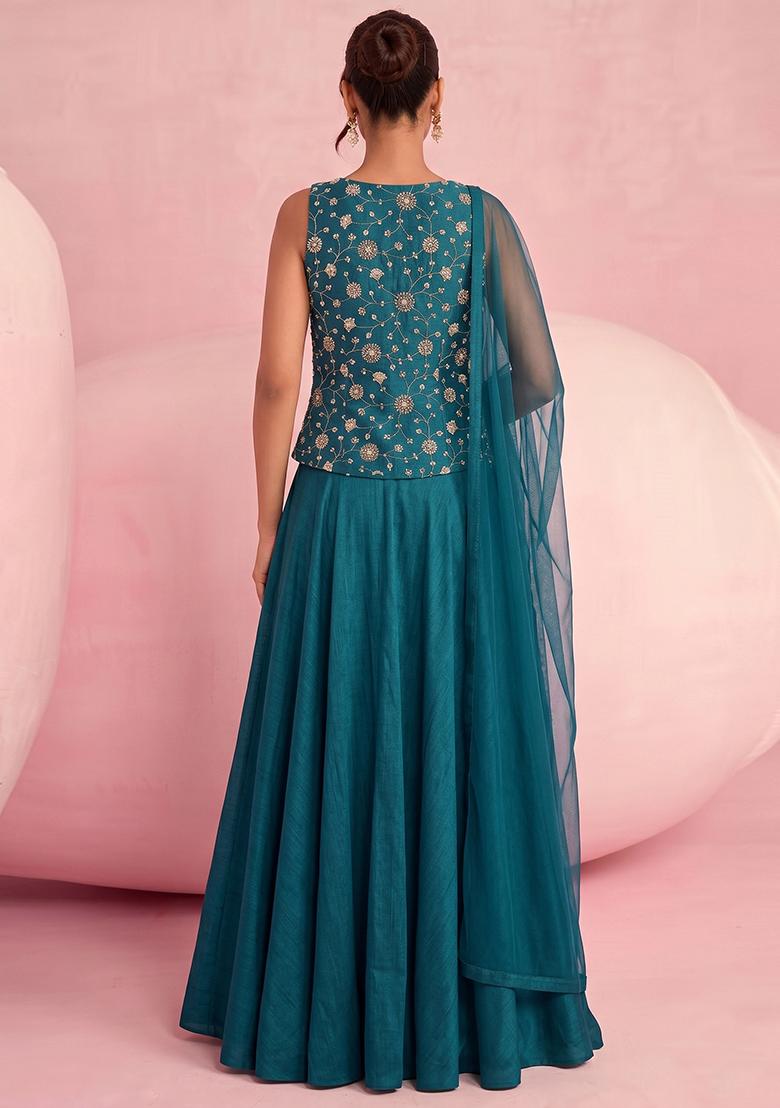 Teal Blue Embroidered Tissue Lehenga Set - Indya