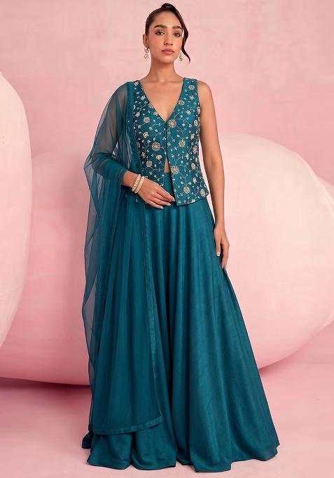 Teal Blue Embroidered Tissue Lehenga Set