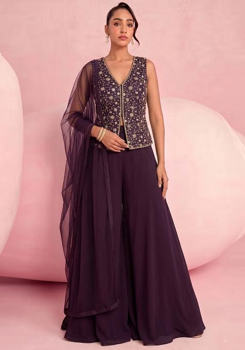 Purple Embroidered Tissue Lehenga Set