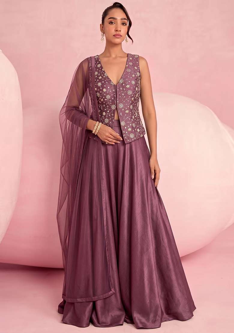 Mauve Tissue Lehenga Set with Embroidered for Diwali | Wedding & Festive Wear - Indya