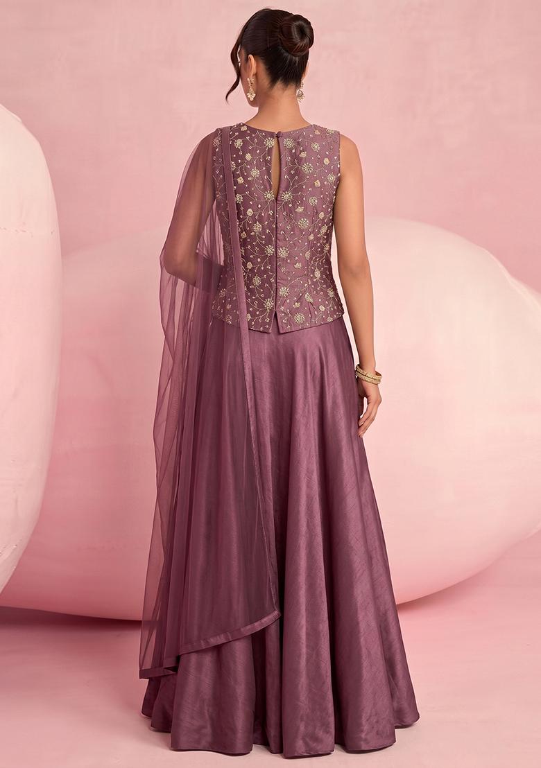Mauve Embroidered Tissue Lehenga Set - Indya