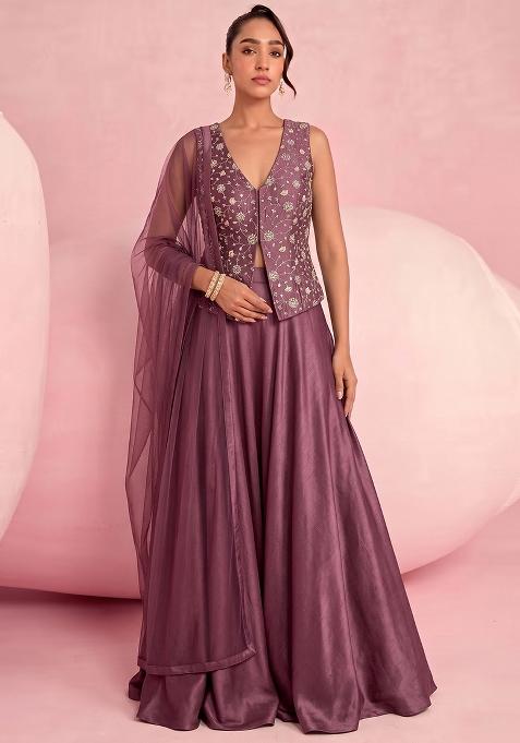 Mauve Embroidered Tissue Lehenga Set