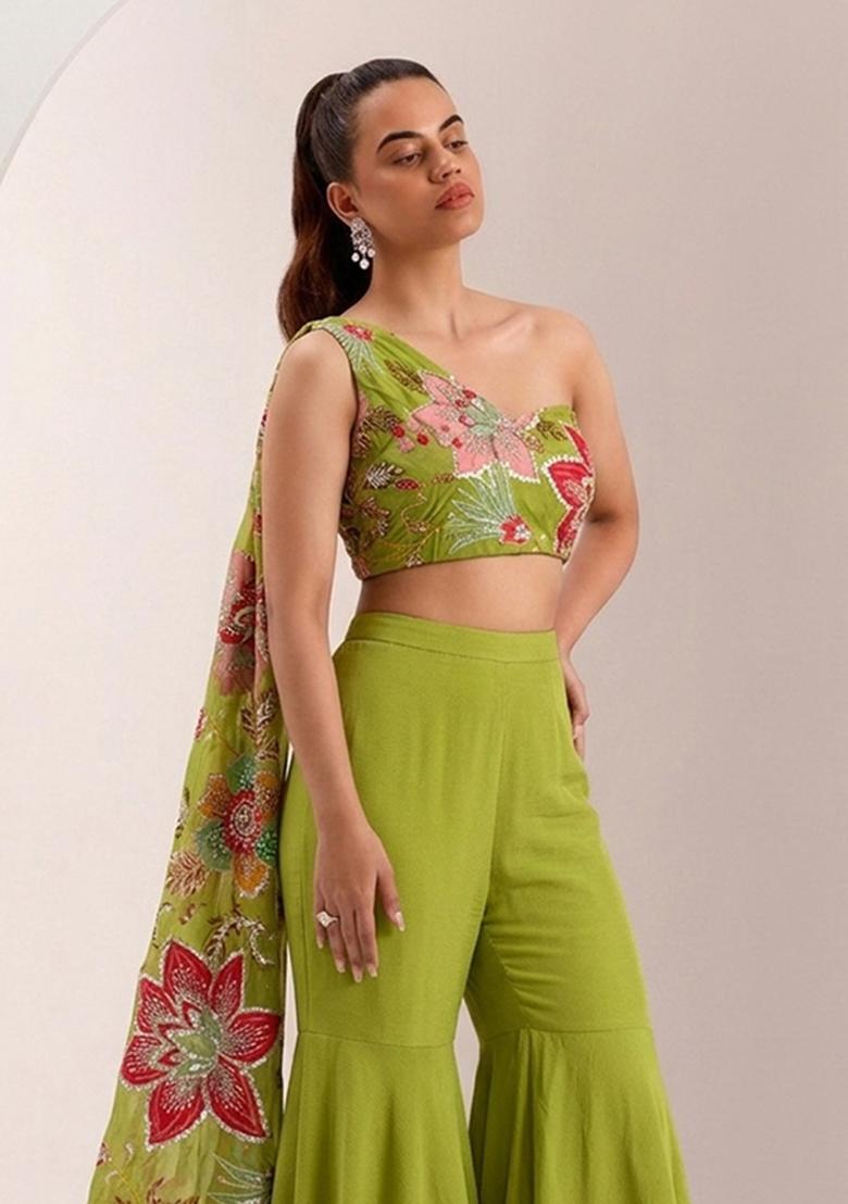 Green Printed Organza Sharara Set - Indya