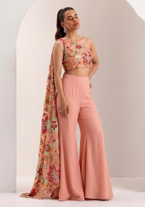 Peach Printed Organza Fusion Set