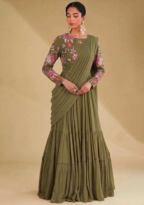 Forest Green Printed Organza Lehenga Set