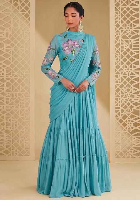 Blue Printed Organza Lehenga Set