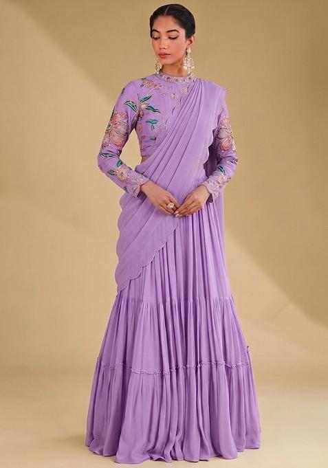 Lavender Printed Organza Lehenga Set