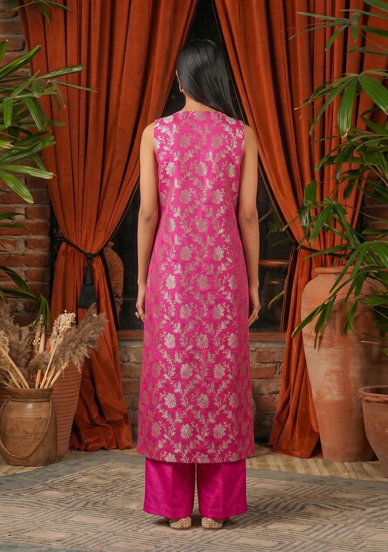 Magenta Pink Embroidered Silk Fusion Set - Indya