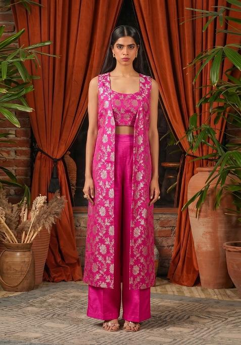 Magenta Pink Embroidered Silk Fusion Set