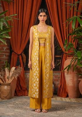 Mustard Embroidered Silk Fusion Set