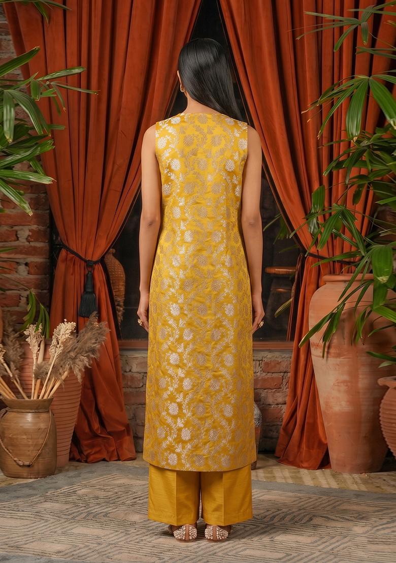 Mustard Embroidered Silk Fusion Set - Indya