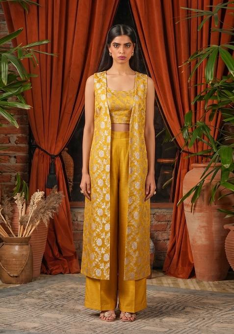 Mustard Embroidered Silk Fusion Set