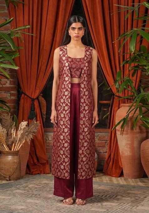 Brown Embroidered Silk Fusion Set