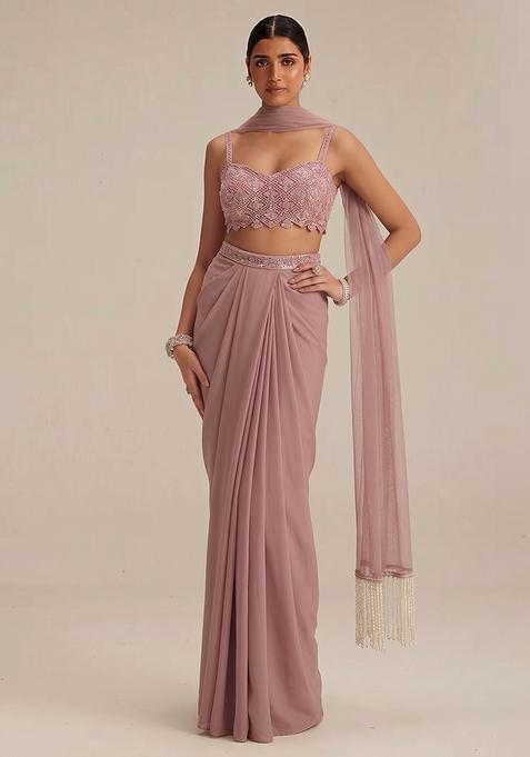Mauve Embroidered Net Fusion Set