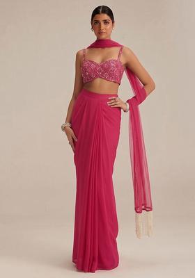 Pink Embroidered Net Fusion Set