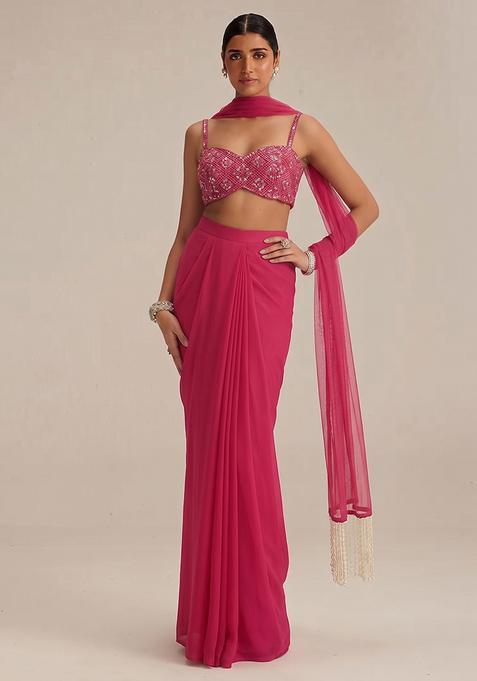 Pink Embroidered Net Fusion Set