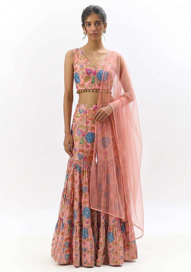 Peach Printed Sharara Set - Indya