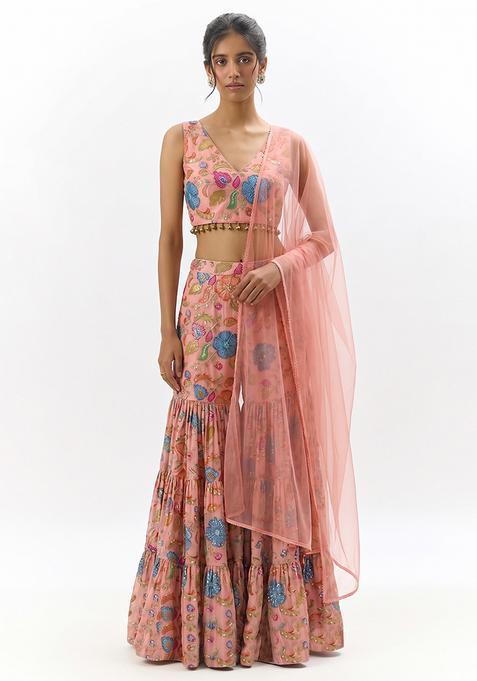 Peach Printed Sharara Set