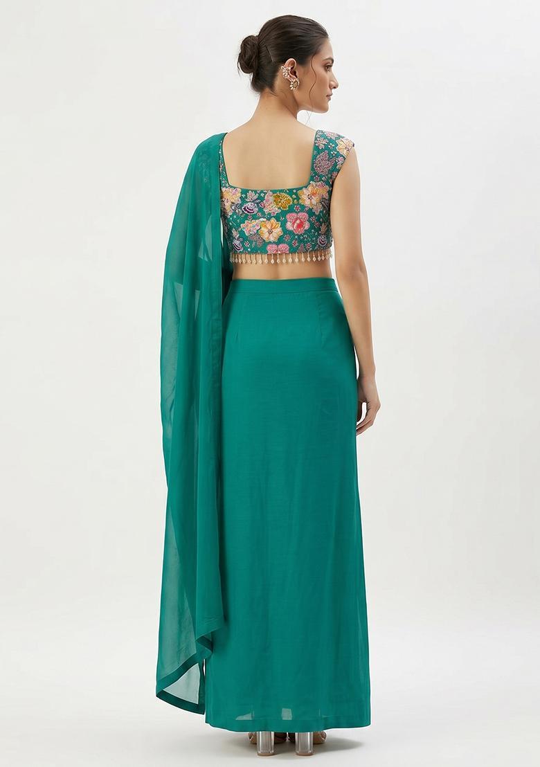 Teal Embroidered Crepe Lehenga Set - Indya