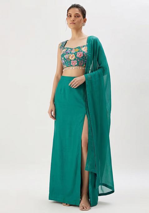 Teal Embroidered Crepe Lehenga Set