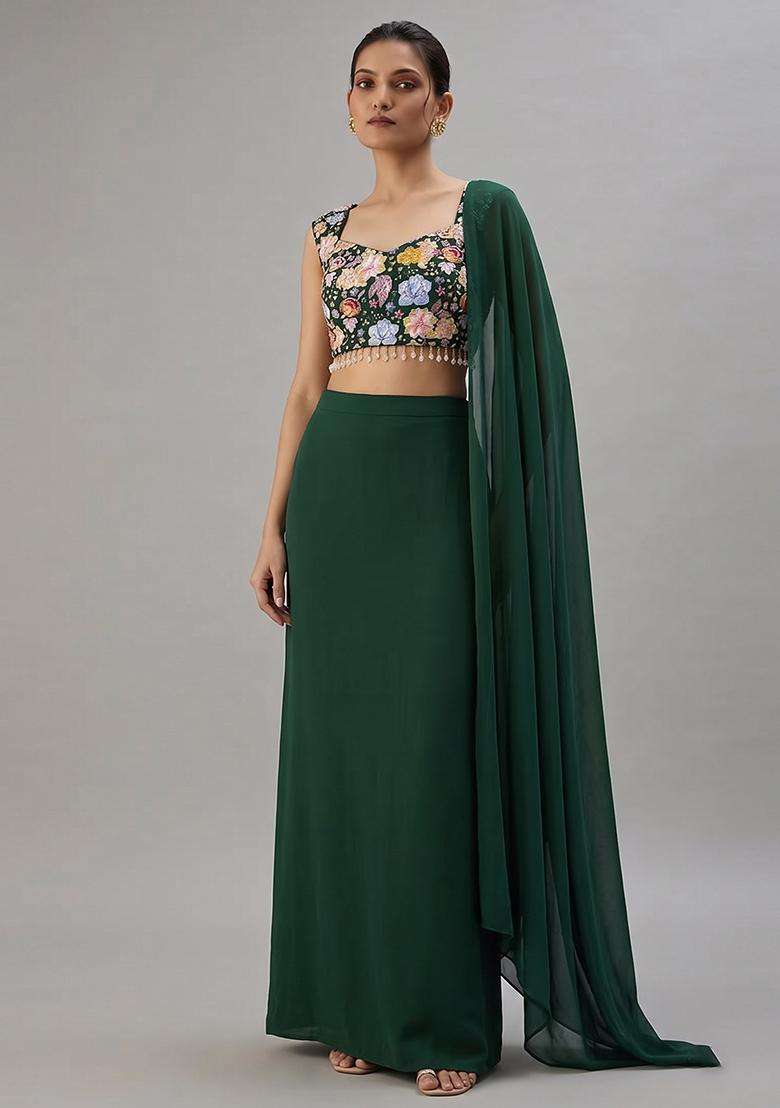 Dark Green Crepe Lehenga Set with Embroidered for Diwali | Wedding & Festive Wear - Indya