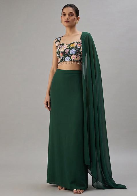 Dark Green Embroidered Crepe Lehenga Set