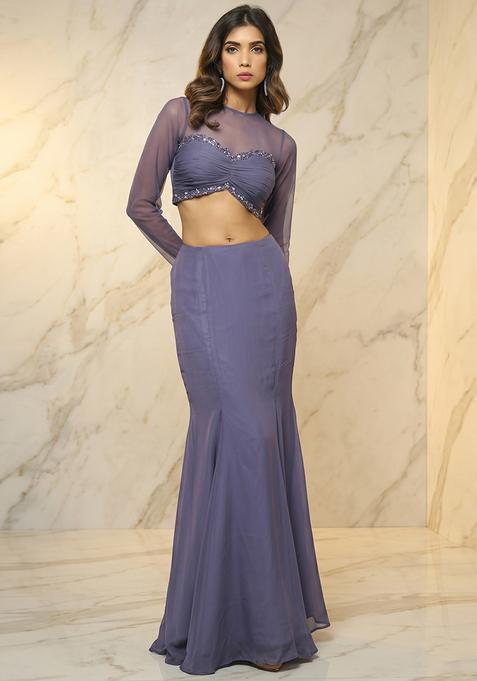 Purple Embroidered Handwork Fusion Set