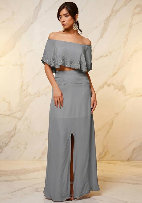 Grey Embroidered Handwork Fusion Set