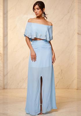 Ice Blue Embroidered Handwork Fusion Set