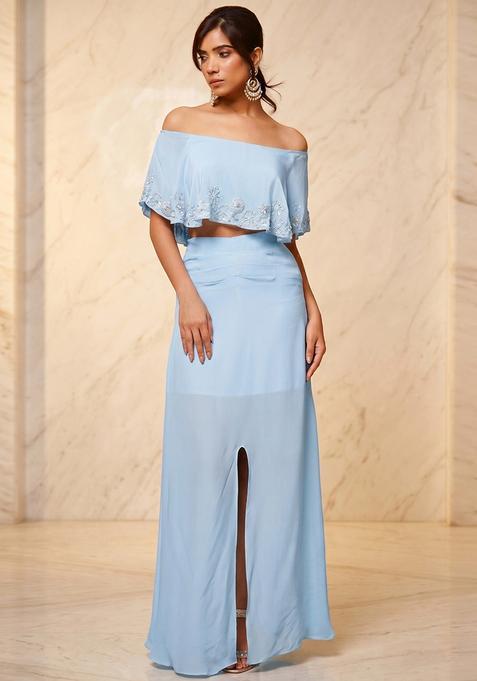 Ice Blue Embroidered Handwork Fusion Set