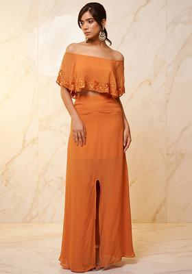 Orange Embroidered Handwork Fusion Set