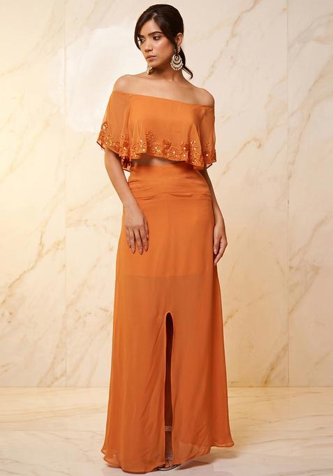 Orange Embroidered Handwork Fusion Set