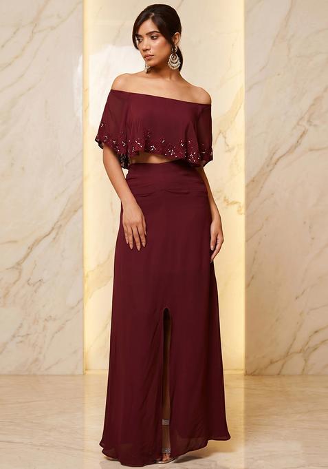 Wine Embroidered Handwork Fusion Set
