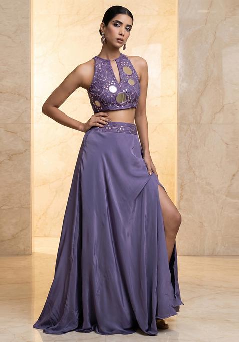Purple Embroidered Handwork Fusion Set